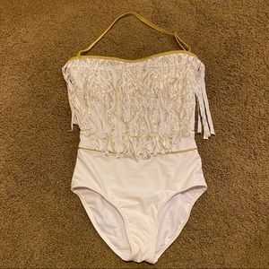RAD gold & white tassel swimsuit with skirt